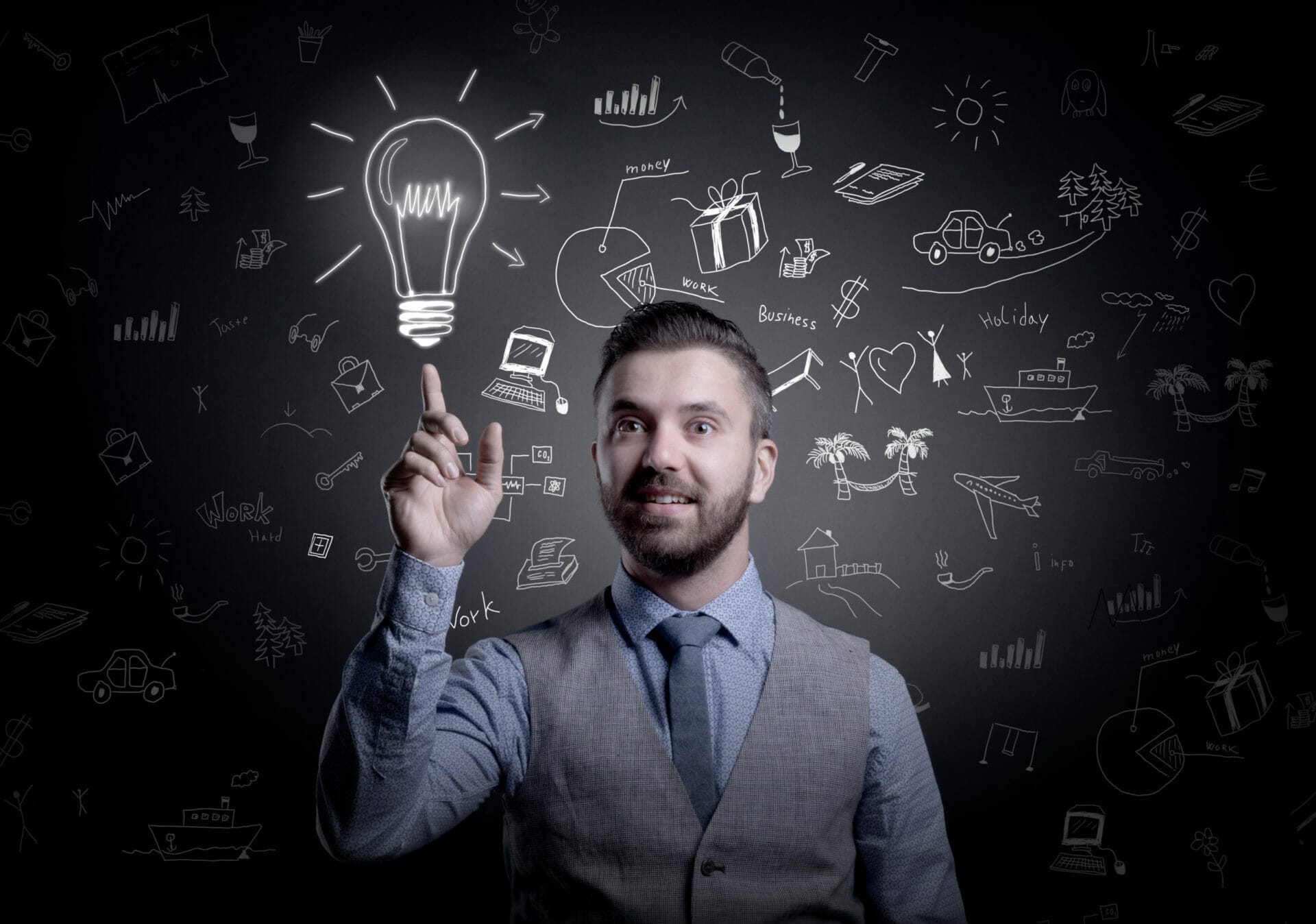 Hipster businessman with idea, light bulb above his head, isolated on black background marketing west pam beach